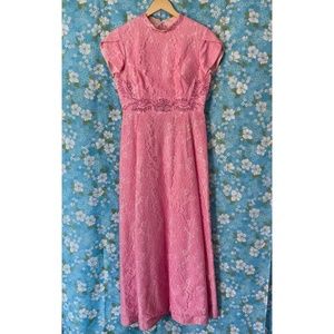 60s Vintage Lace Tulip Sleeve Empire Formal Maxi Dress